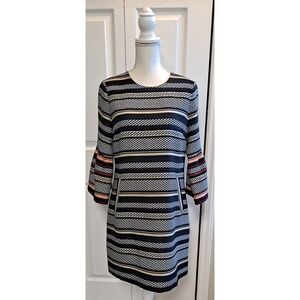 Jade Melody Tam Tweed Dress Womens Size M Black Stripped W/Ruffle Sleeves Pocket